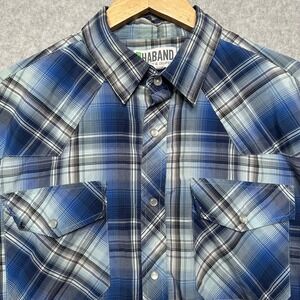 VTG HABAND Mens Plaid Pearl Snap Front Western Shirt Blue Long Sleeve Size Large